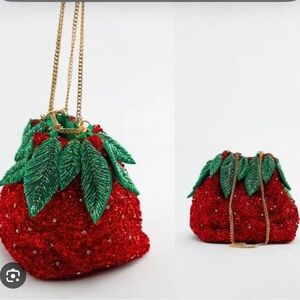 Viral Zara Strawberry Red & Green Sequins Beaded Mini Bag Purse w/ Gold Chain